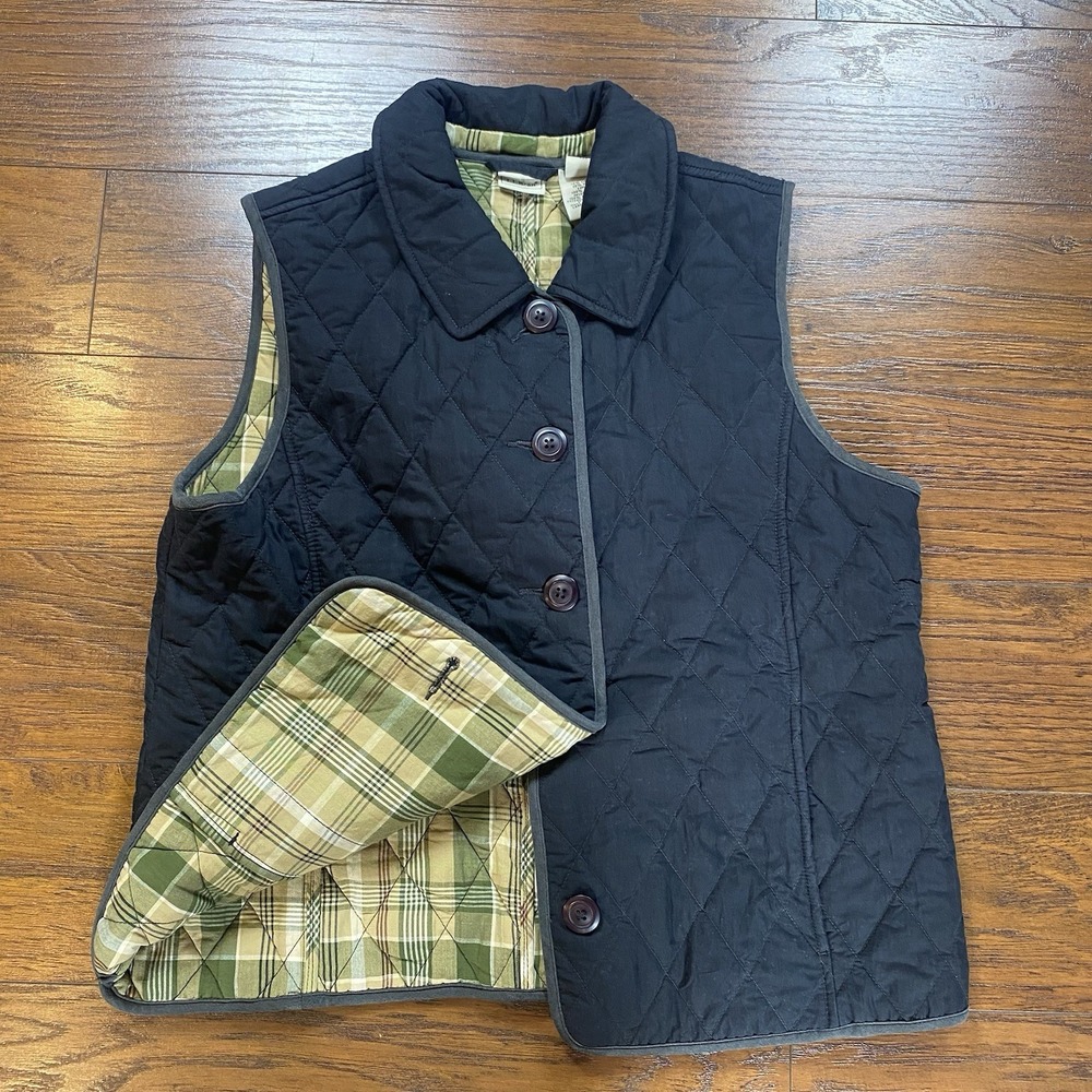 LL Bean M Black Quilted Vest Multi ColorPlaid lining Thermore Thermal Insulation
